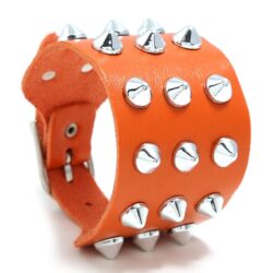 Orange Leather Bracelet with Small Silver Spikes
