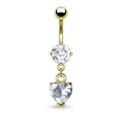 Belly Bar with a Clear CZ Gem and a Heart Dangle