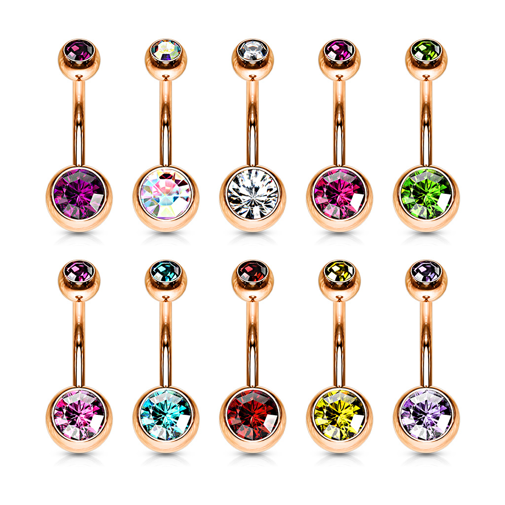 Rose Gold Belly Bar with CZ Gems