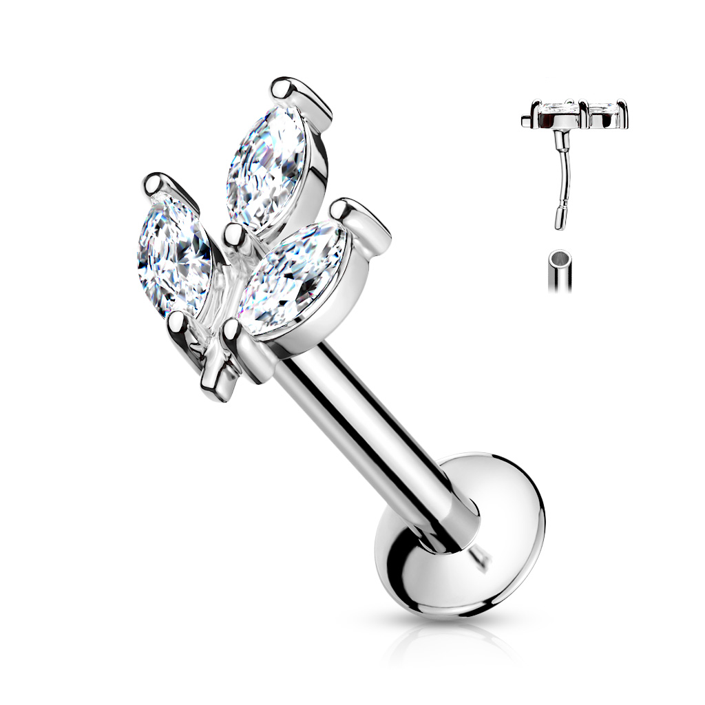 Threadless Labret with 3 Marquise CZ Leaf - Image 4
