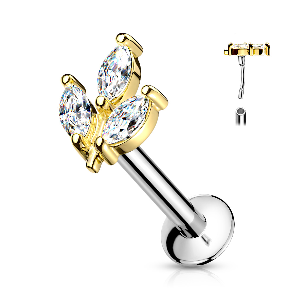 Threadless Labret with 3 Marquise CZ Leaf - Image 3