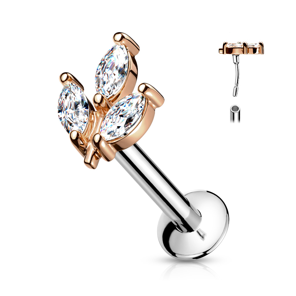 Threadless Labret with 3 Marquise CZ Leaf - Image 2