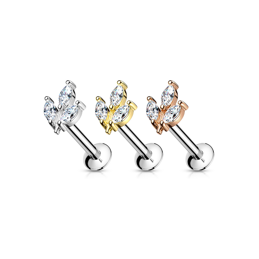 Threadless Labret with 3 Marquise CZ Leaf