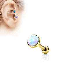 Gold Cartilage Barbell with a Flat White Opal Ball
