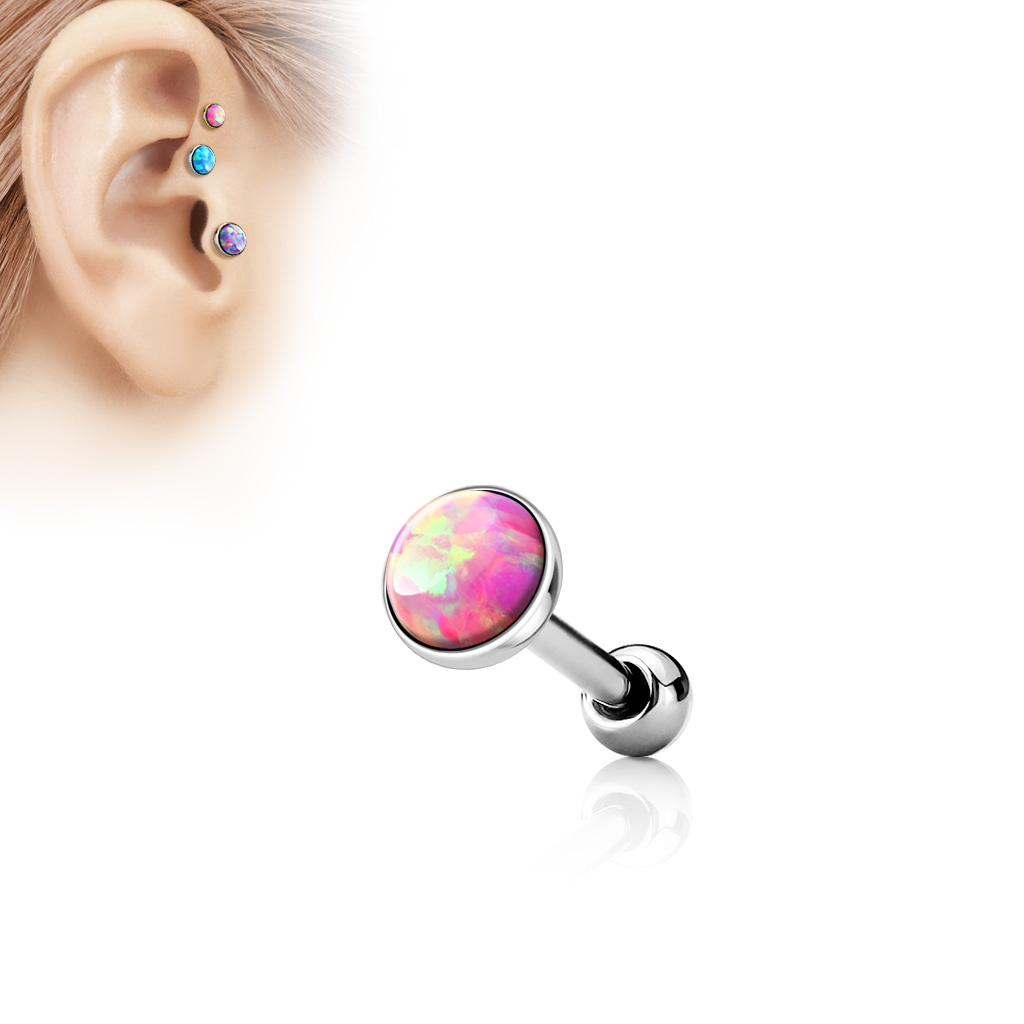 Rose Gold Cartilage Barbell with a Flat Pink Opal Ball