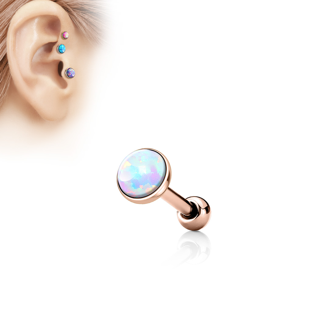 Rose Gold Cartilage Barbell with a Flat White Opal Ball
