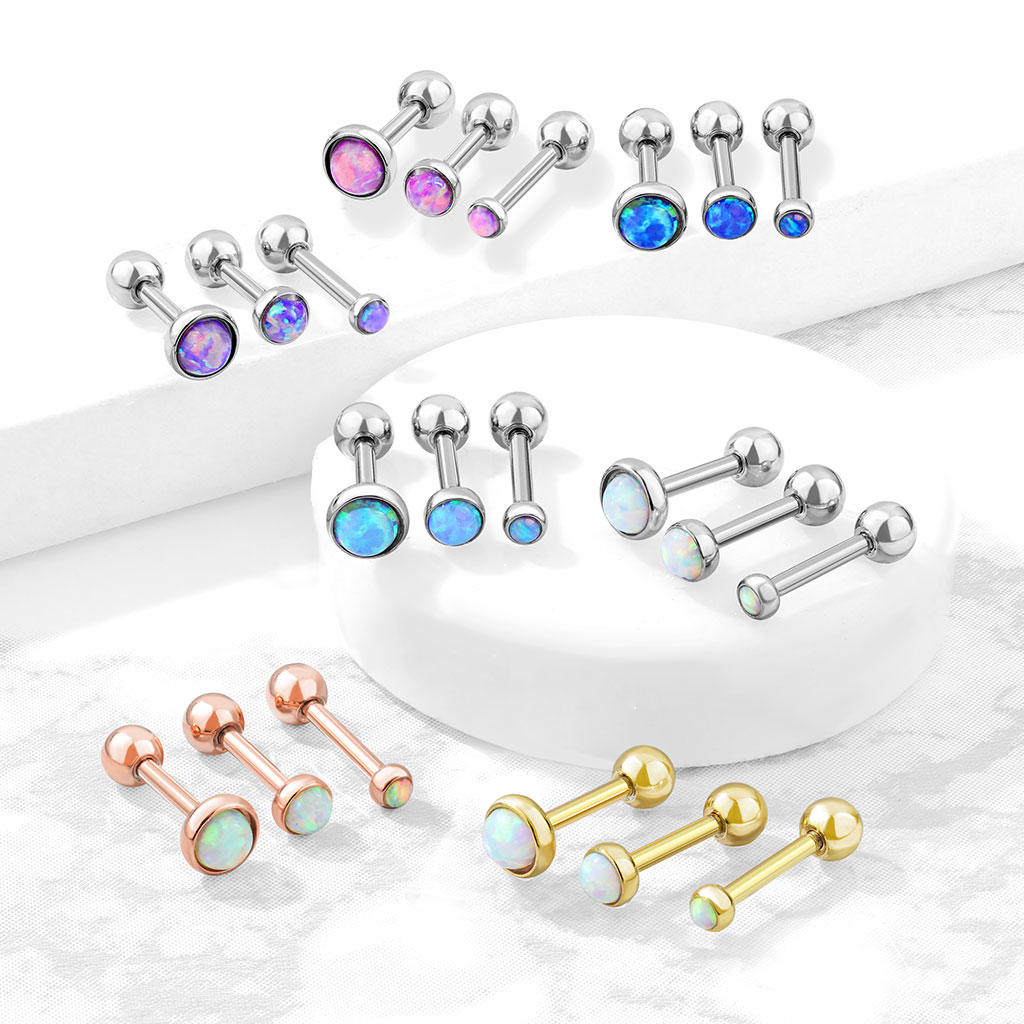 Rose Gold Cartilage Barbell with a Flat Pink Opal Ball - Image 2