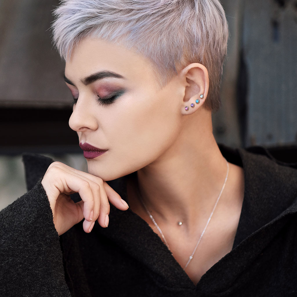 Rose Gold Cartilage Barbell with a Flat Pink Opal Ball - Image 3