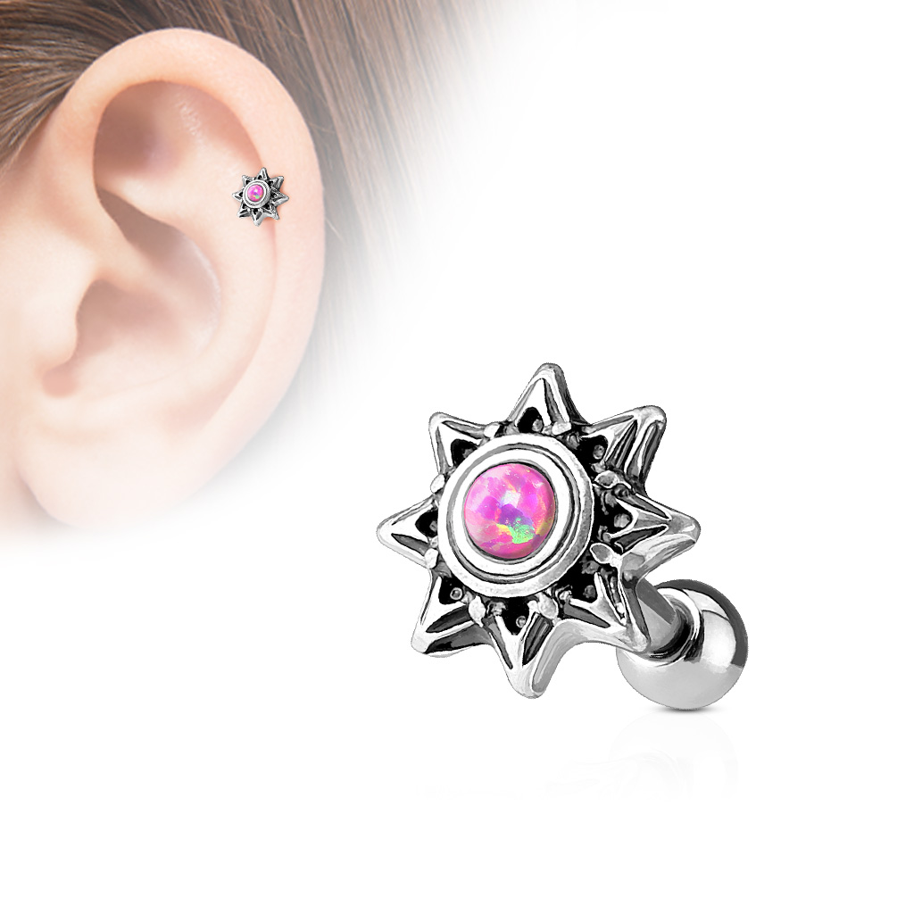 Tribal Sun Cartilage Barbell with Opal