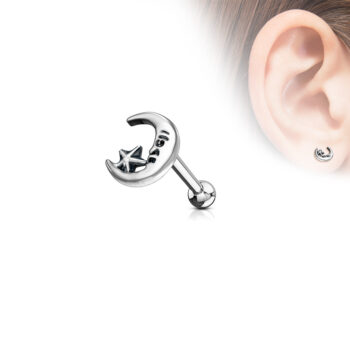 Antique Silver Look Cartilage Barbell with Moon and Star - Image 3