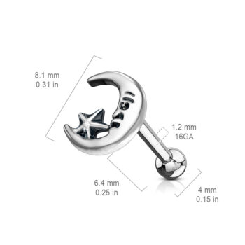 Antique Silver Look Cartilage Barbell with Moon and Star - Image 2