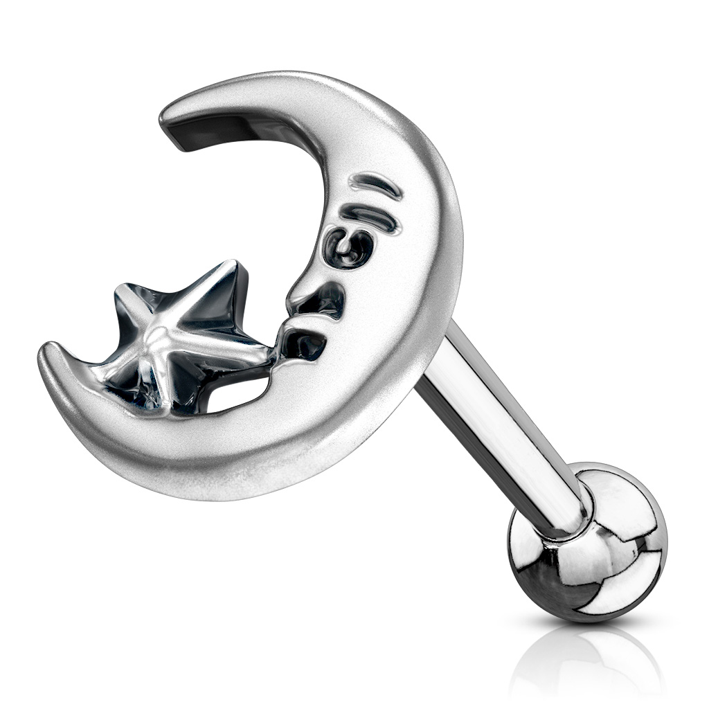 Antique Silver Look Cartilage Barbell with Moon and Star