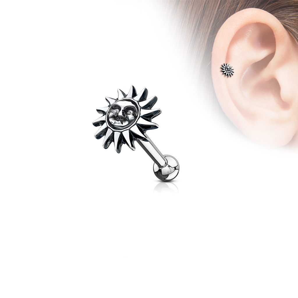 Antique Silver Look Cartilage Barbell with Sun and Face - Image 4