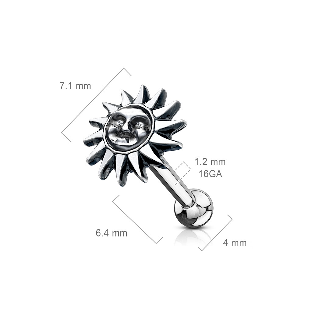 Antique Silver Look Cartilage Barbell with Sun and Face - Image 5