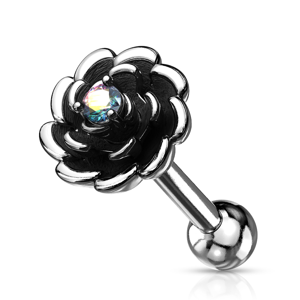 Antique Silver Look Cartilage Barbell with Rose and CZ Centred Gem - Image 6