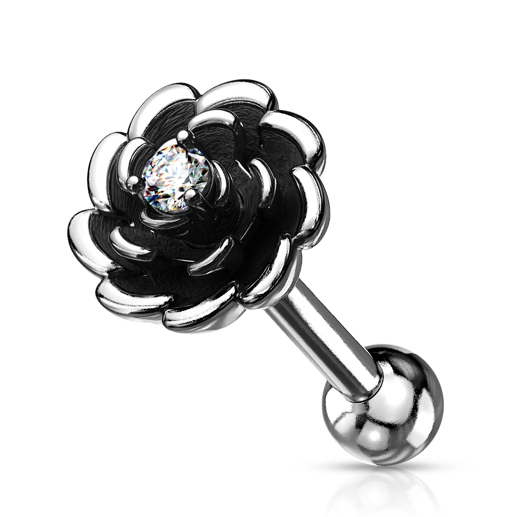 Antique Silver Look Cartilage Barbell with Rose and CZ Centred Gem - Image 5