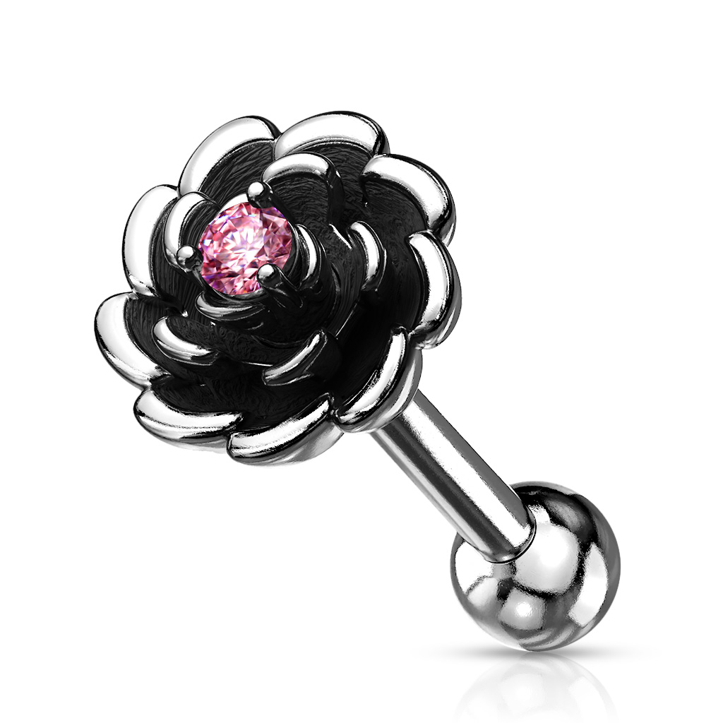 Antique Silver Look Cartilage Barbell with Rose and CZ Centred Gem - Image 4