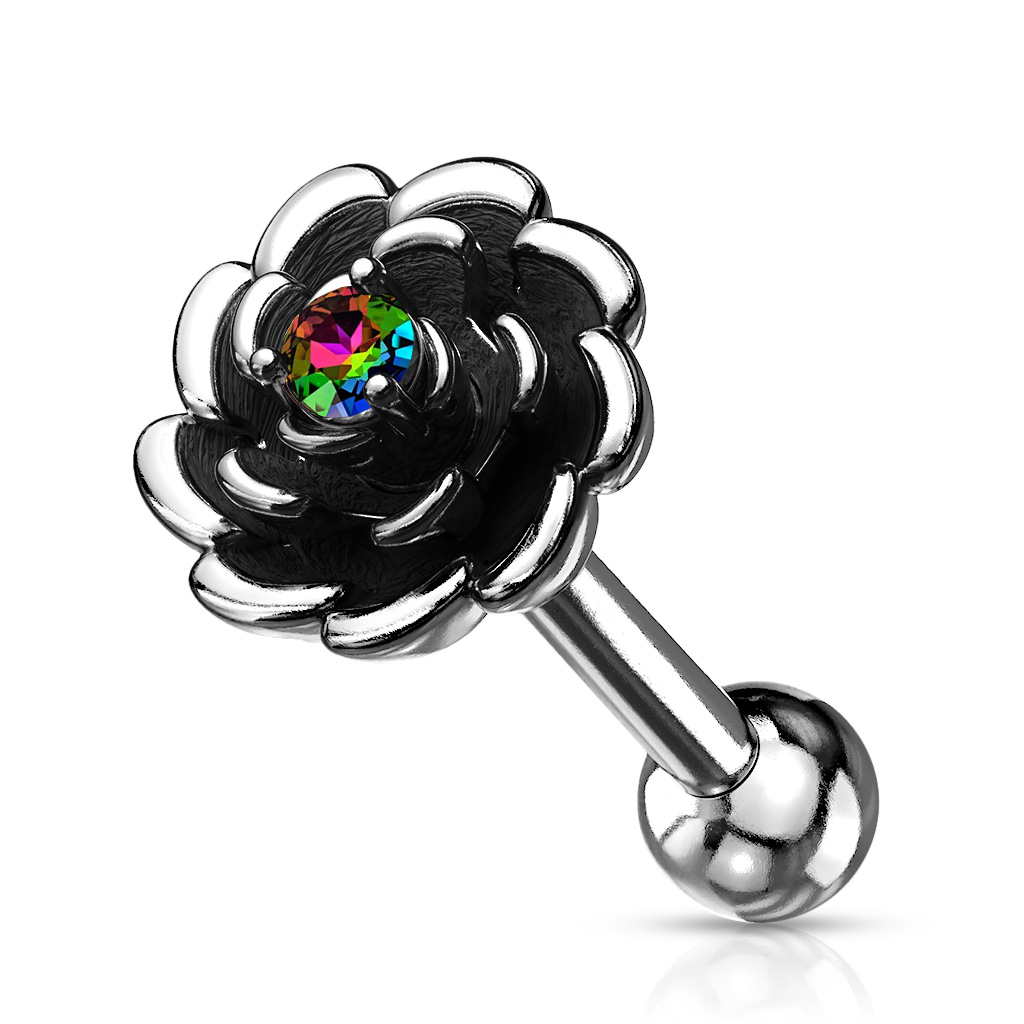 Antique Silver Look Cartilage Barbell with Rose and CZ Centred Gem - Image 2