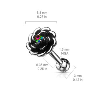 Antique Silver Look Cartilage Barbell with Rose and CZ Centred Gem - Image 7