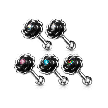 Antique Silver Look Cartilage Barbell with Rose and CZ Centred Gem - Image 8