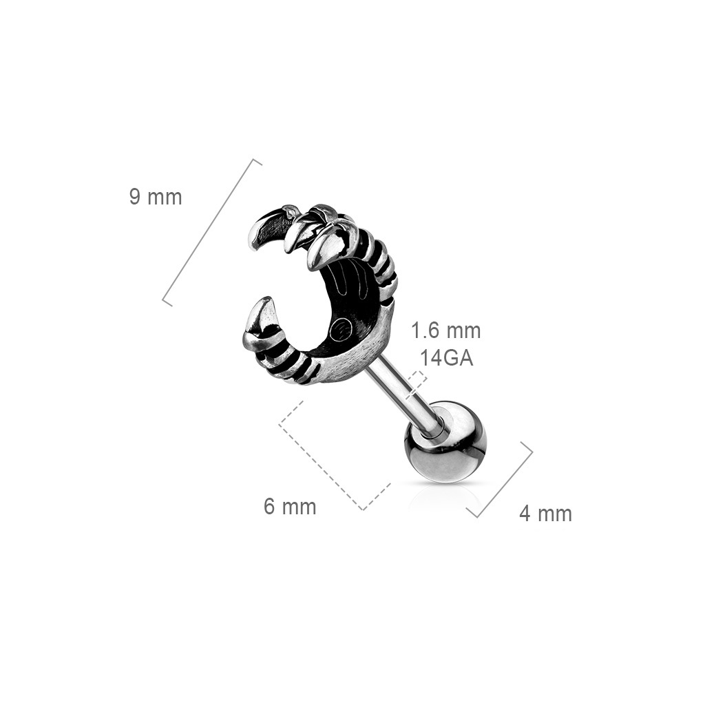 Antique Silver Look Cartilage Barbell with Grasping Claw - Image 2