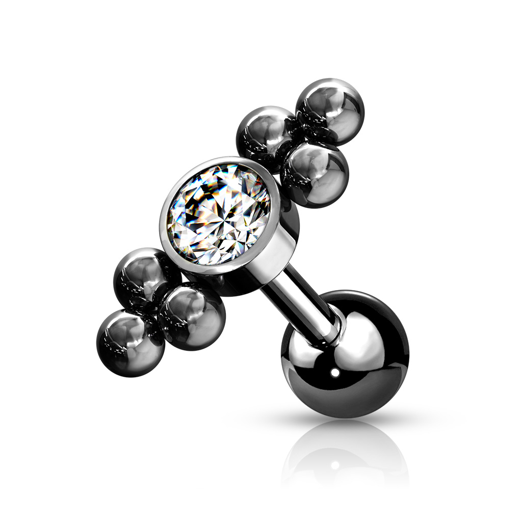 Cartilage Barbell with a Clear CZ Gem and Ball Cluster - Image 3