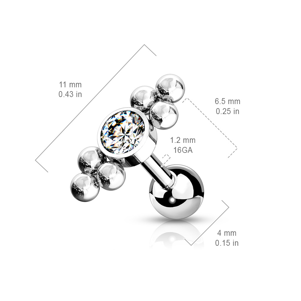 Cartilage Barbell with a Clear CZ Gem and Ball Cluster - Image 6