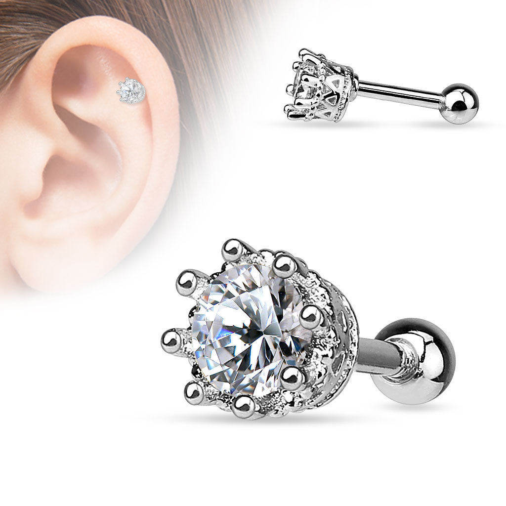 Cartilage Barbell with a Crown and a CZ Gem - Image 2