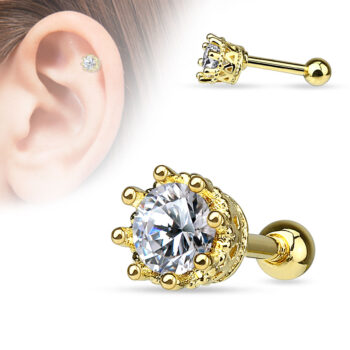 Cartilage Barbell with a Crown and a CZ Gem