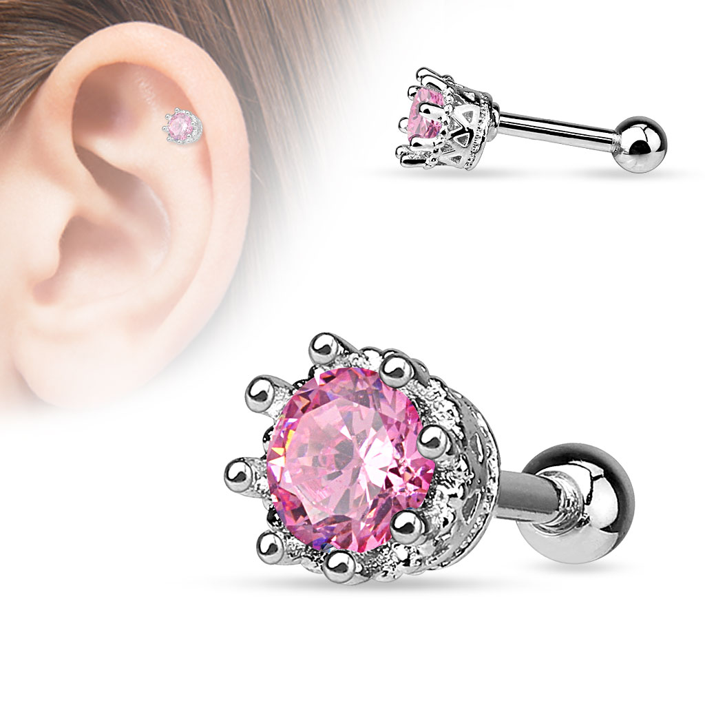 Cartilage Barbell with a Crown and a CZ Gem - Image 6