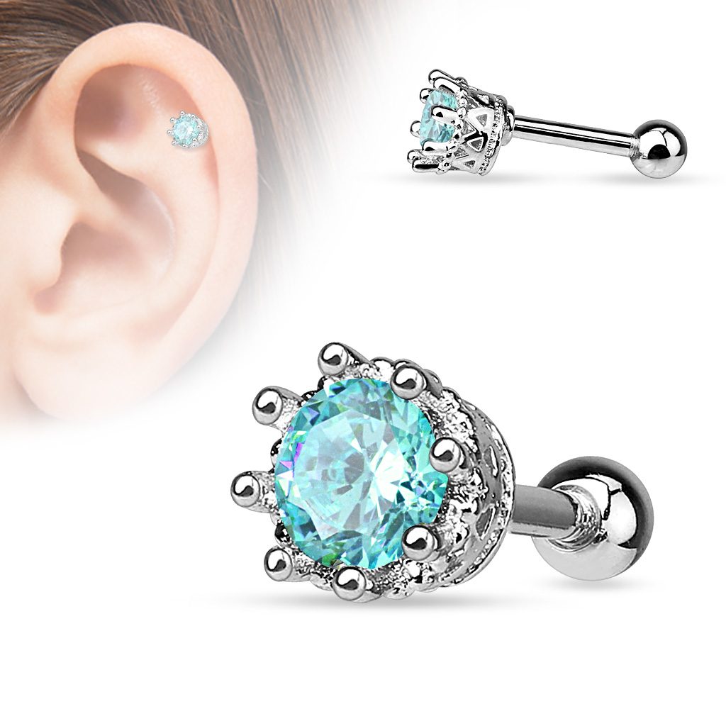 Cartilage Barbell with a Crown and a CZ Gem - Image 5