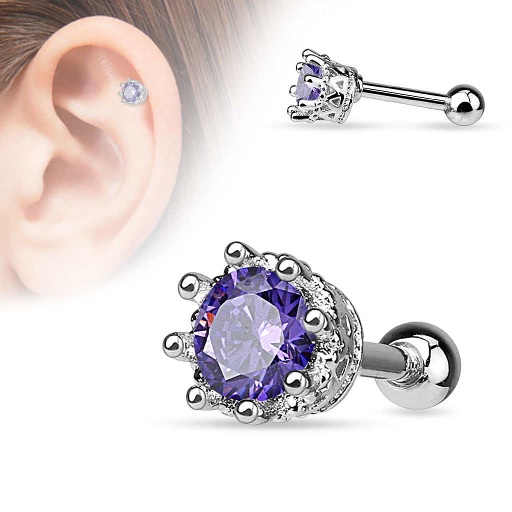 Cartilage Barbell with a Crown and a CZ Gem - Image 3