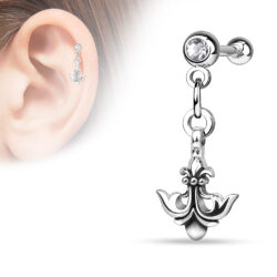 Cartilage Barbell with an Anchor with Fleur De Lis Dangle