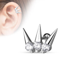 Cartilage Barbell with 3 Spikes and Clear CZ Gems