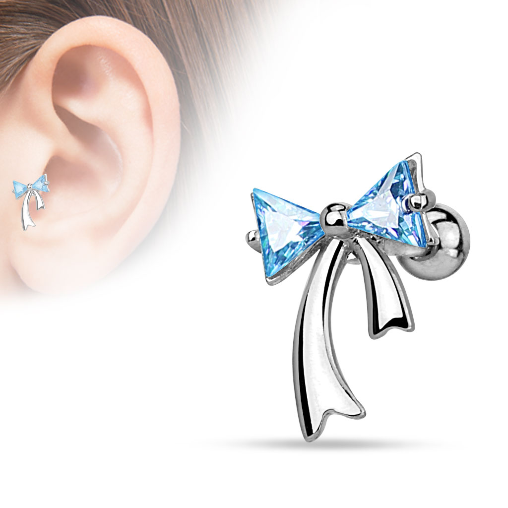Cartilage Barbell with a CZ Ribbon - Image 4