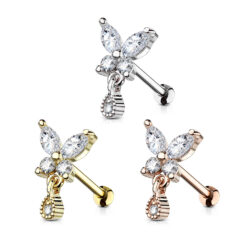 Cartilage Barbell Stud with CZ Butterfly and tear Drop Dangle
