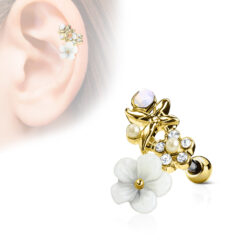Cartilage Barbell with Clear CZ and White Clay Flowers