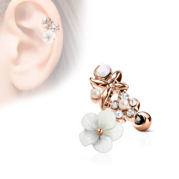 Cartilage Barbell with Clear CZ and White Clay Flowers - Image 3