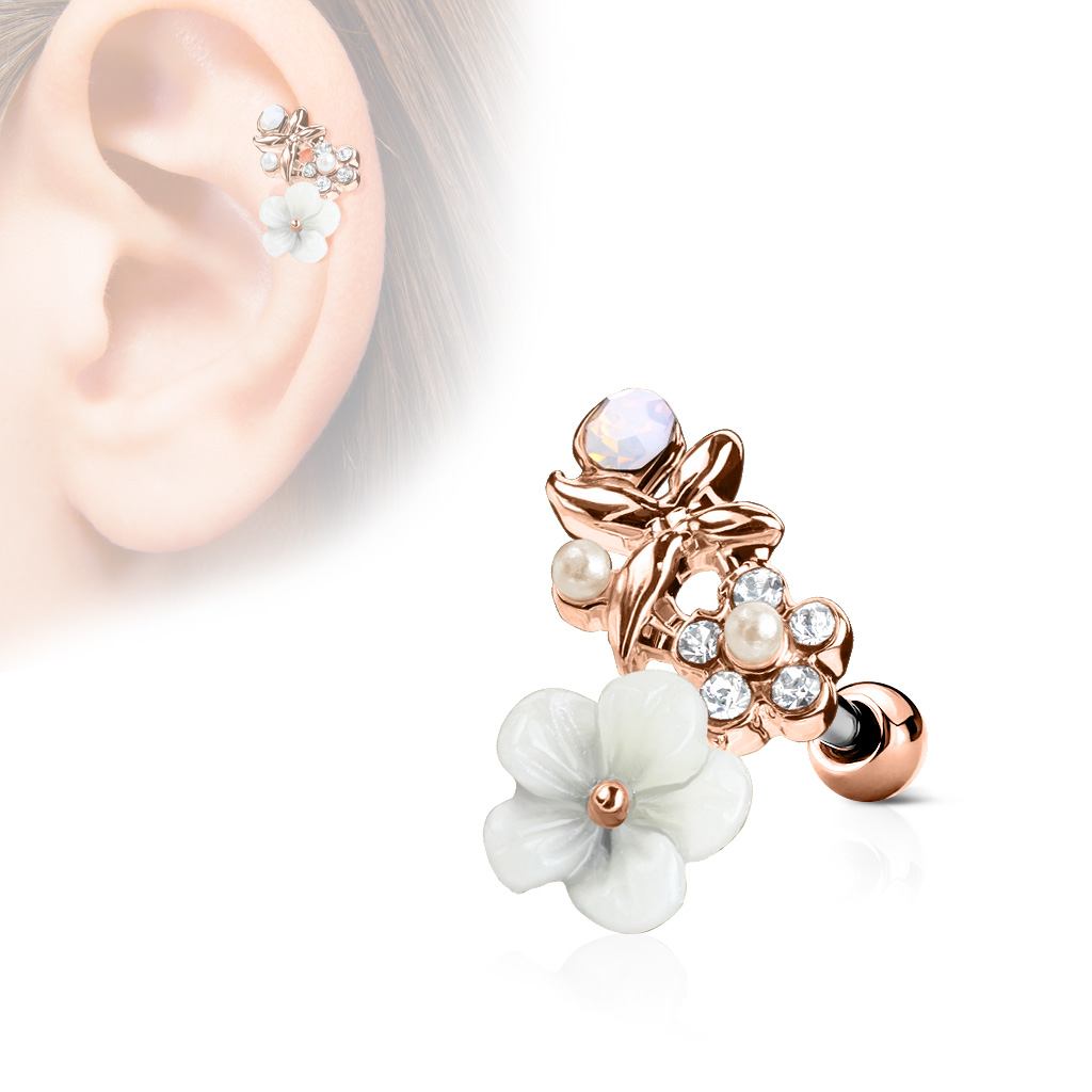 Cartilage Barbell with Clear CZ and White Clay Flowers - Image 3