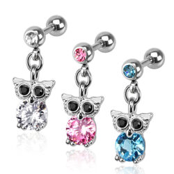 Cartilage Barbell with CZ Owl Dangle