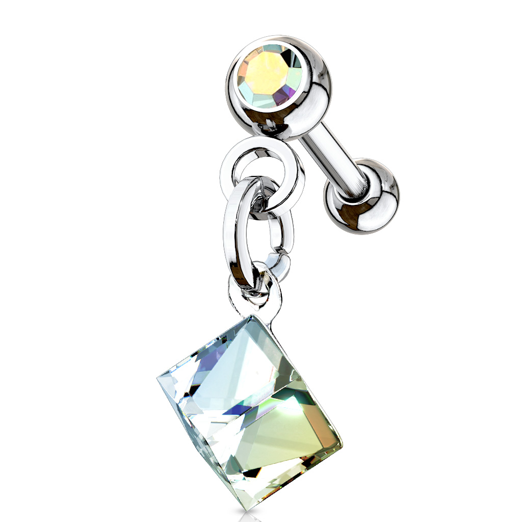 Cartilage Barbell with a Crystal Square Dangle - Image 3