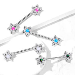 Nipple Bar with 8mm CZ Flower and Synthetic Glitter Opal Centre