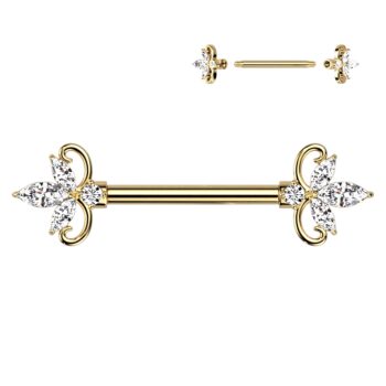 Nipple Bar with Double Heart 3 Marquise Clear CZ Ends - Image 3