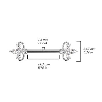 Nipple Bar with Double Heart 3 Marquise Clear CZ Ends - Image 5