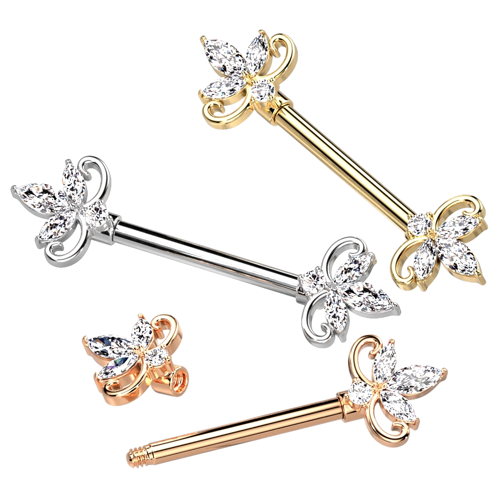 Nipple Bar with Double Heart 3 Marquise Clear CZ Ends