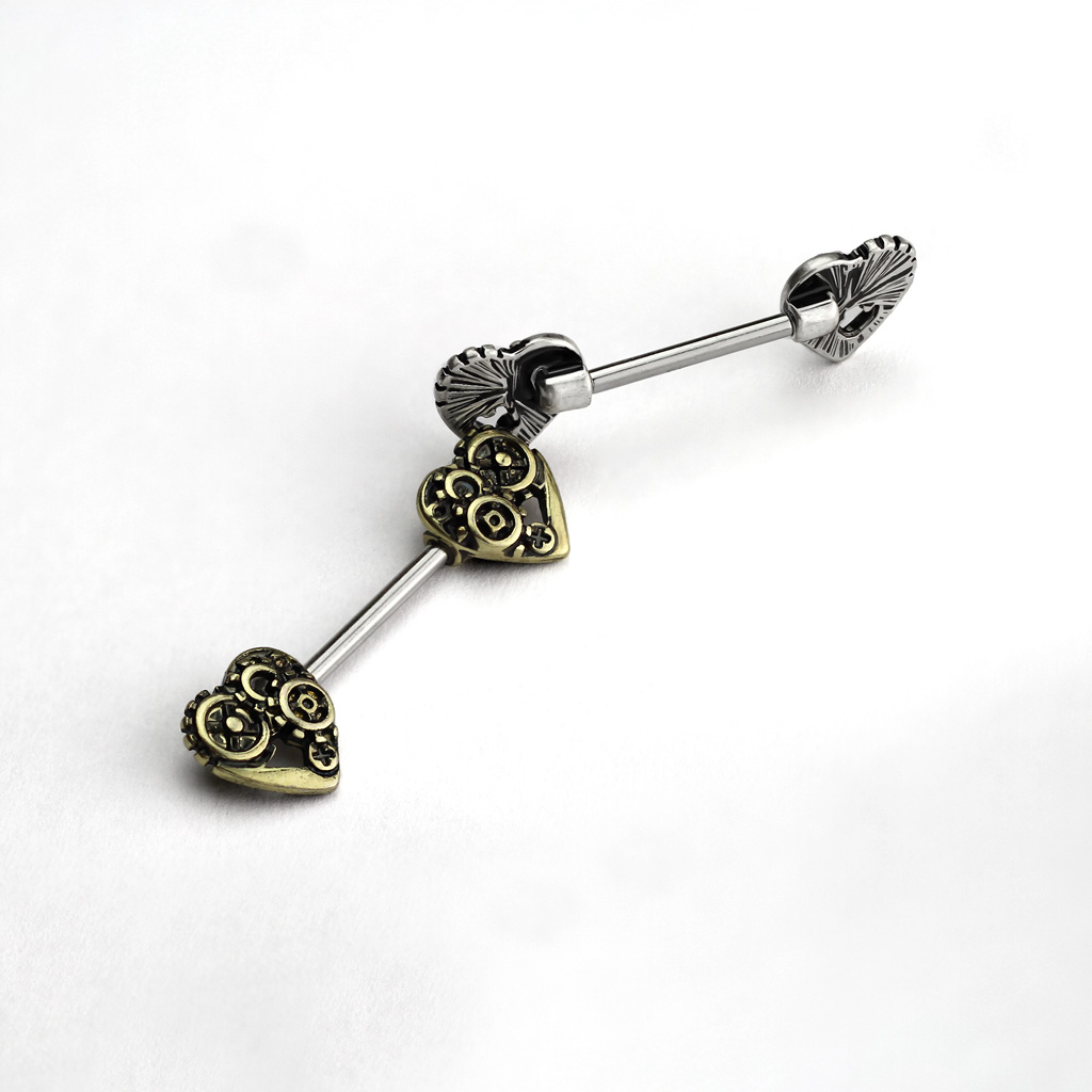 Nipple Bar with Steam Punk Heart Ends