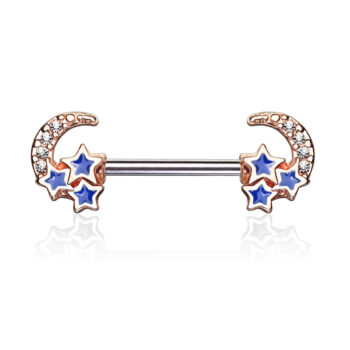 Nipple Bar with CZ Paved Crescent Moon with 3 Blue Stars - Image 3