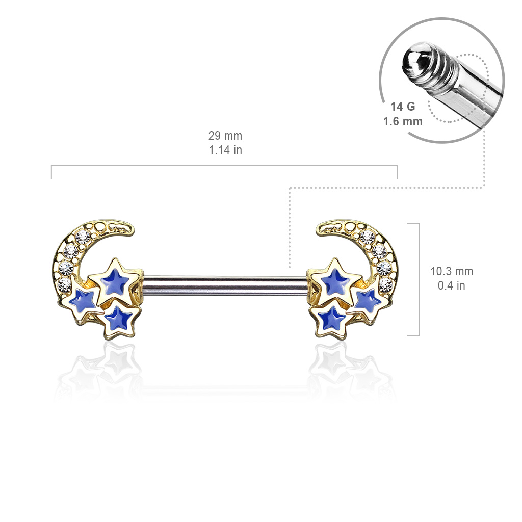 Nipple Bar with CZ Paved Crescent Moon with 3 Blue Stars - Image 5