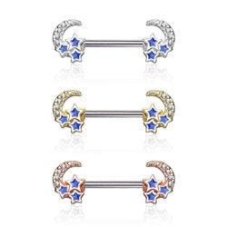 Nipple Bar with CZ Paved Crescent Moon with 3 Blue Stars