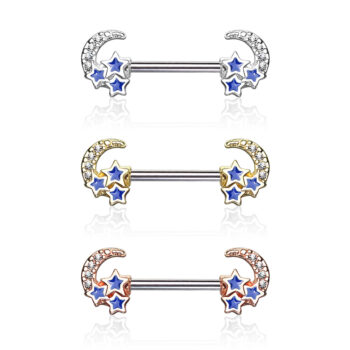 Nipple Bar with CZ Paved Crescent Moon with 3 Blue Stars